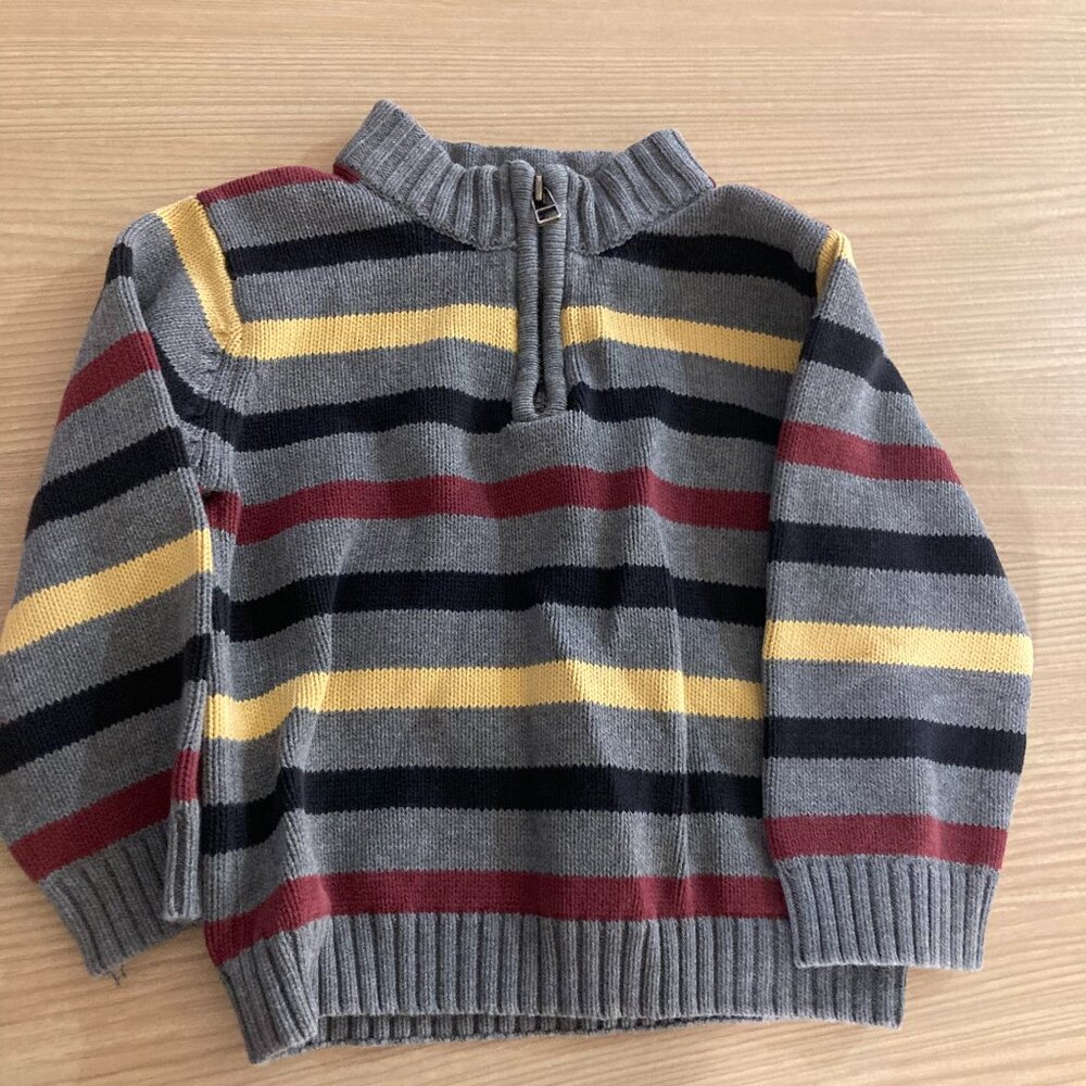 Gymboree 1/4 ZIp Sweater Gray with Stripes 2T 100% Cotton Long Sleeve